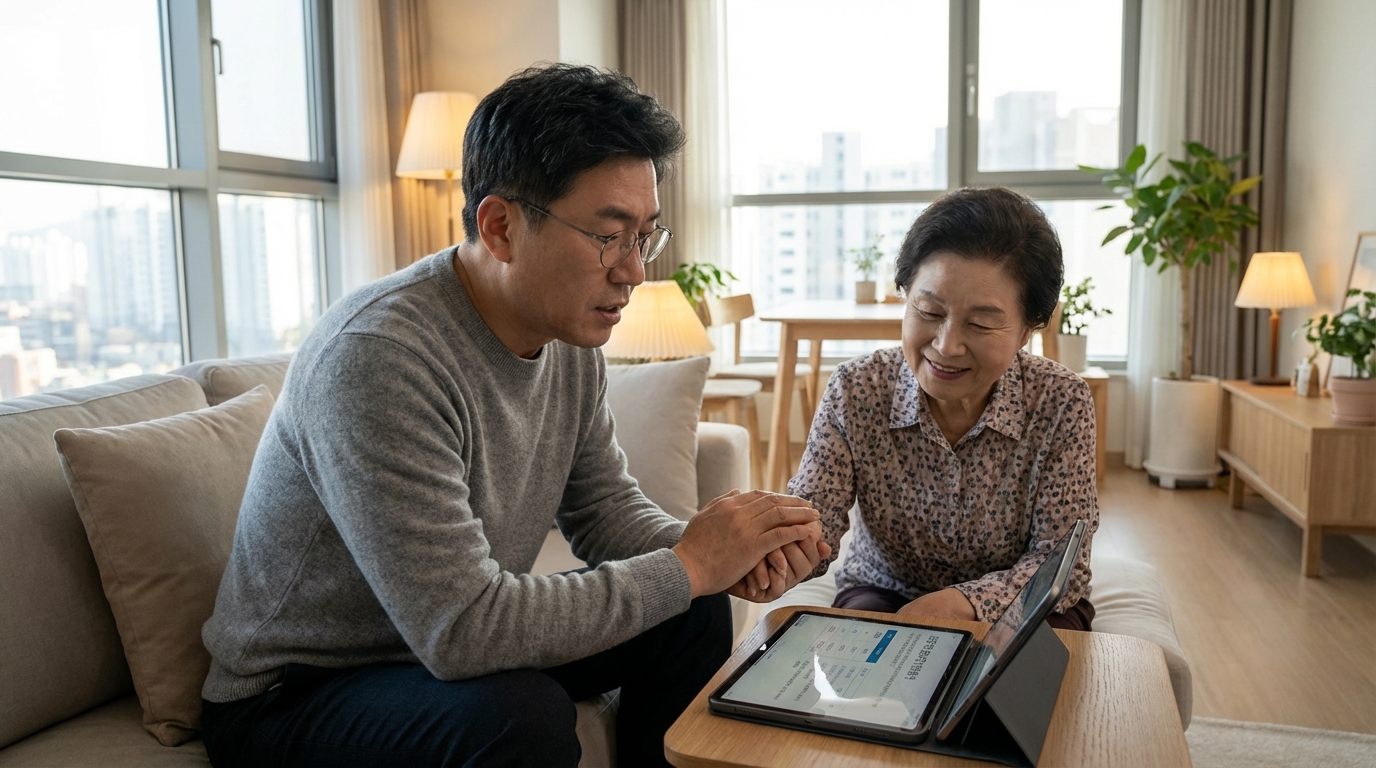 거실에서 아들이 노인장기요양보험 혜택을 확인하며 어머니와 다정하게 상담하는 모습
