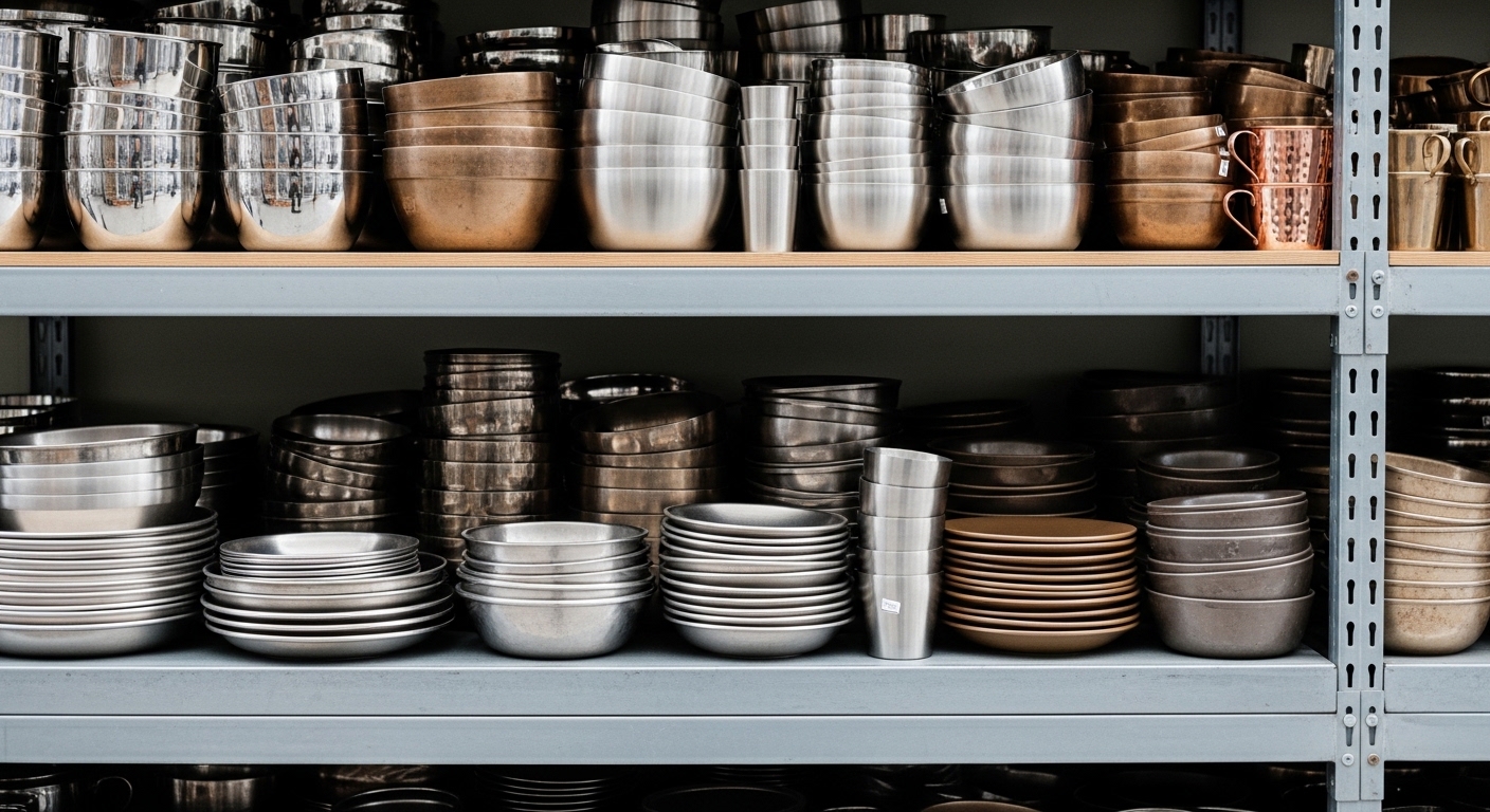 접시와 컵 등 주방용품이 빼곡히 진열된 모습 