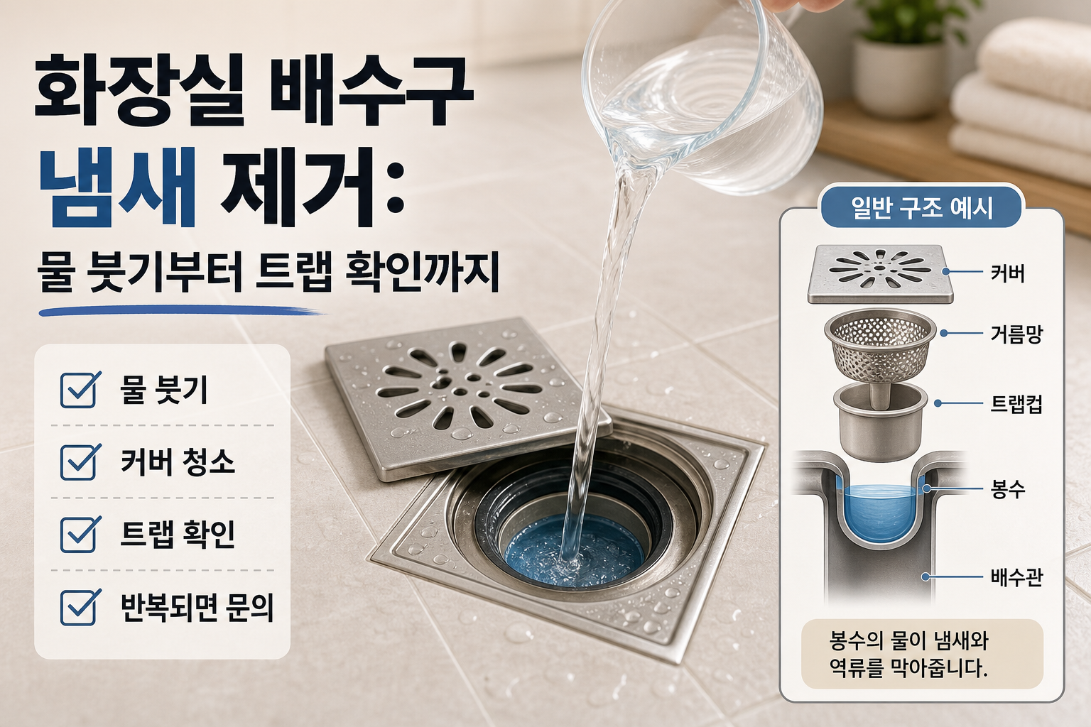 화장실 바닥 배수구에 물을 붓고 커버 거름망 트랩컵 봉수 배수관 구조를 함께 설명한 대표 이미지