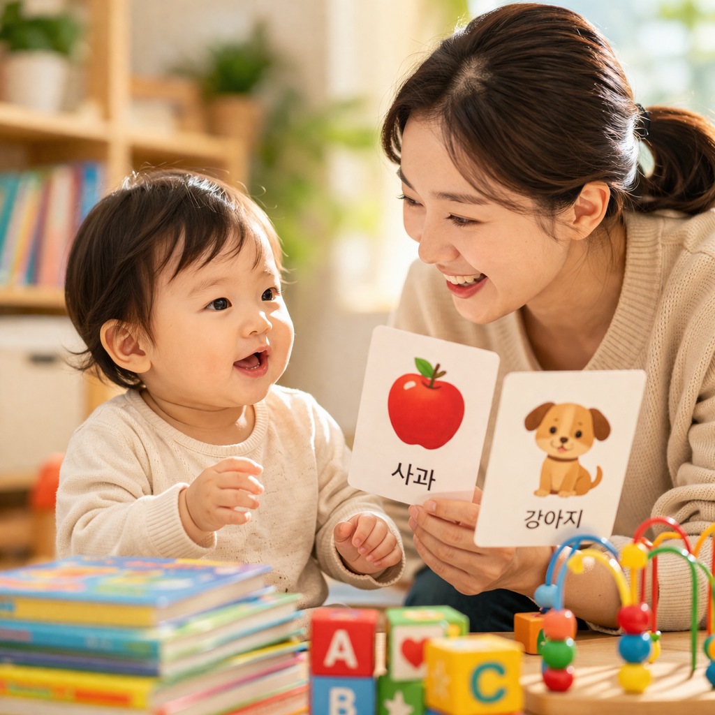 엄마와 아이가 한글 카드를 보며 교감하고 있는 모습