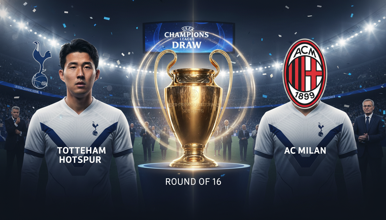 2026 챔피언스리그 16강 대진표 확정, 토트넘 대 AC 밀란의 매치업과 챔피언스리그 트로피 이미지