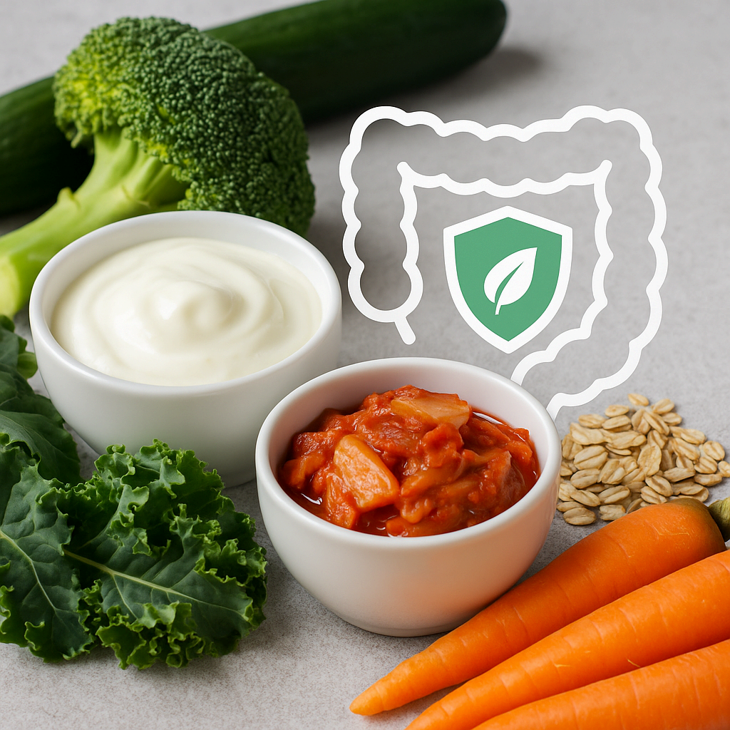 장 모양 아이콘과 함께 배치된 요거트, 당근, 브로콜리 등 장 건강에 좋은 음식 이미지