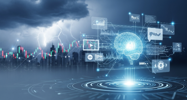 2025년 부동산 리스크 속, AI 기반 디지털 콘텐츠로 안정적 수익을 창출하는 미래 지향적 투자 전략을 상징하는 이미지. 인공지능이 분석하는 데이터와 콘텐츠 흐름이 전통 자산 시장의 불확실성을 극복하는 모습을 시각화.