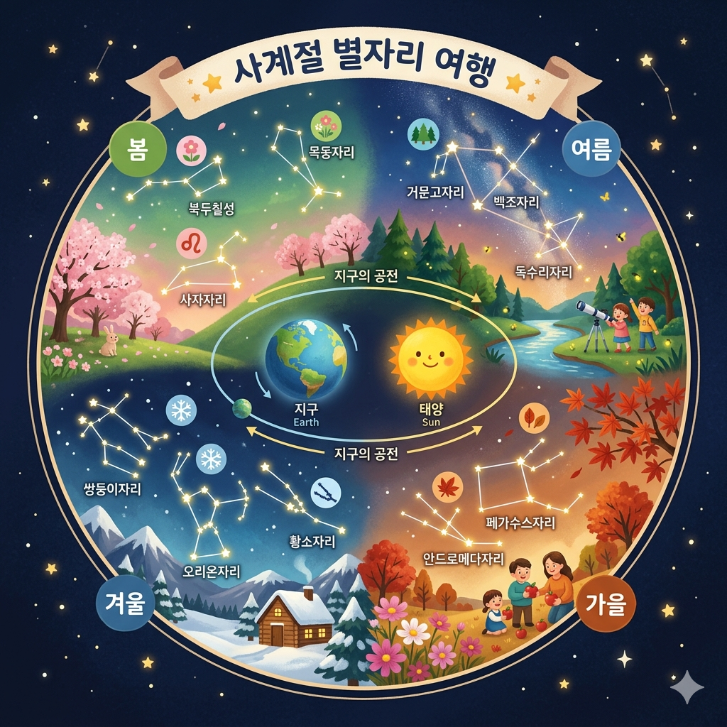 계절마다 보이는 별자리가 다른 이유를 쉽게 설명하면