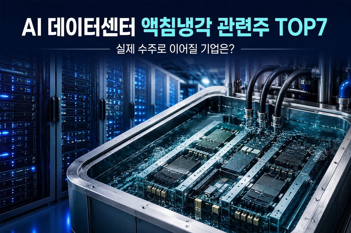 AI 데이터센터 액침냉각 관련주 TOP7을 주제로 서버 랙과 액침냉각 탱크를 배경으로 실제 수주 가능성이 높은 기업을 소개하는 대표 썸네일 이미지