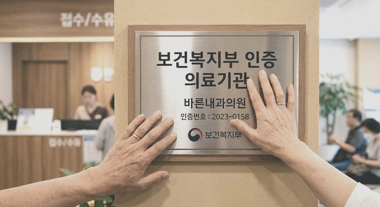 병원 인증 마크를 확인하는 손의 모습은 신뢰도 판단 과정을 보여준다. [ⓒ이달의건강]