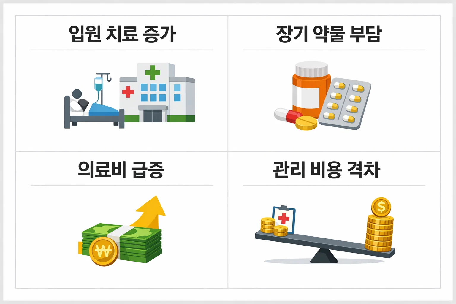 당뇨병 장기 미관리로 인한 입원 치료비&middot;약물비 상승과 의료비 급증 사례를 요약한 인포그래픽 이미지