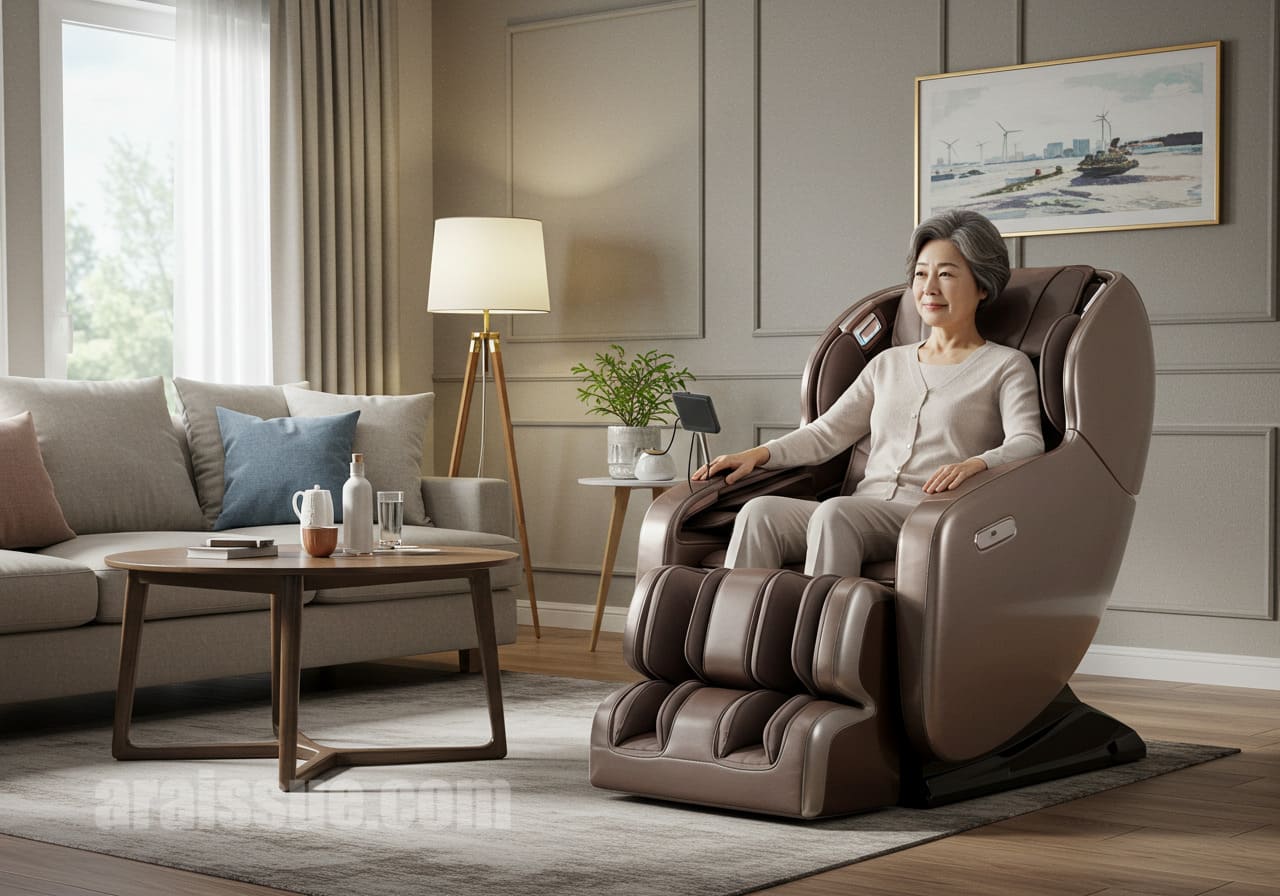 50대 부모님이 고급 안마의자에서 편안하게 전신 마사지를 받으며 휴식을 취하는 장면, 고급 건강 관리 제품