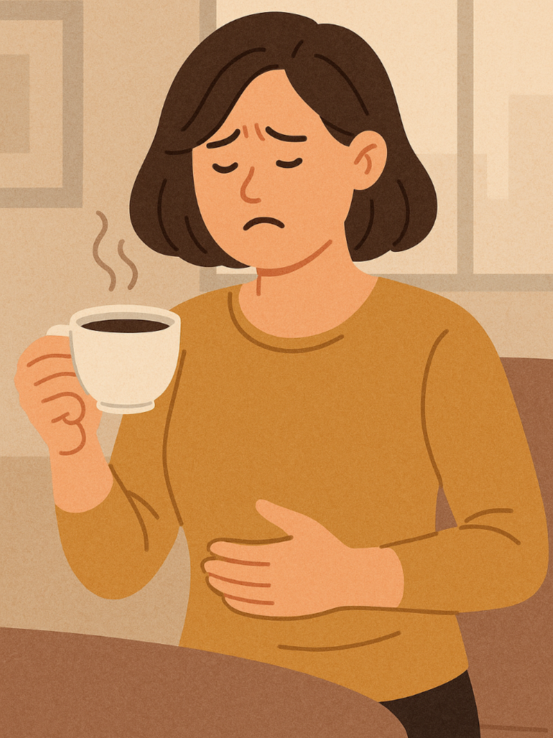 아침 공복에 커피를 마시고 위장이 불편해진 여성의 모습을 표현한 일러스트 이미지