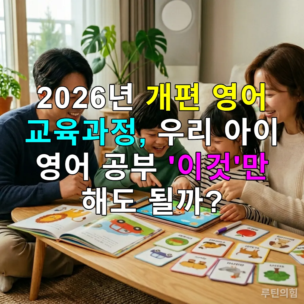 2026년 개편 영어 교육과정을 준비하는 한국 가족이 거실에서 함께 영어 공부를 하는 모습