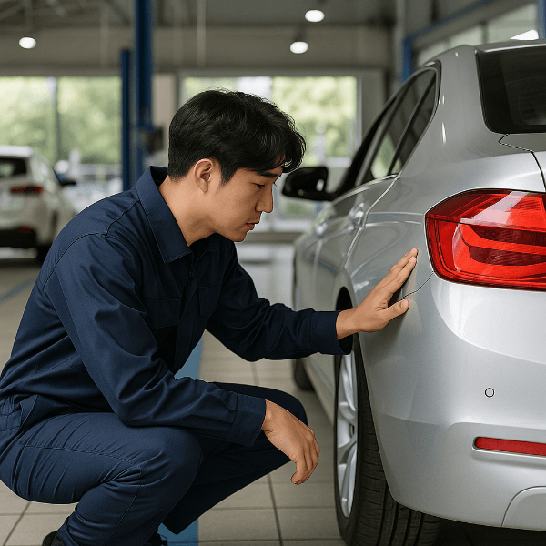 자동차 검사소에서 차량을 점검하는 정비사