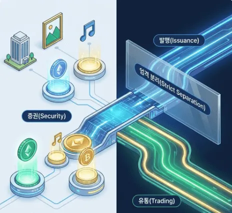 STO 토큰증권: 실물자산을 기반으로 하는 토큰증권의 개념과 발행-유통이 분리된 한국형 모델의 특징을 보여주는 이미지.