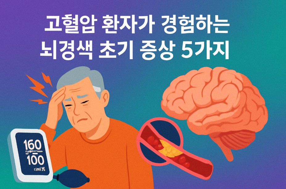 이 이미지는 고혈압과 뇌경색 초기 증상을 뇌와 두통으로 고통받는 사람, 혈압측정기 이미지를 사용해 시각적으로 이해하기 쉽게 표현했다. 명확한 아이콘과 따뜻한 색감이 어우러져 경각심을 주면서도 부드럽게 정보를 전달한다.