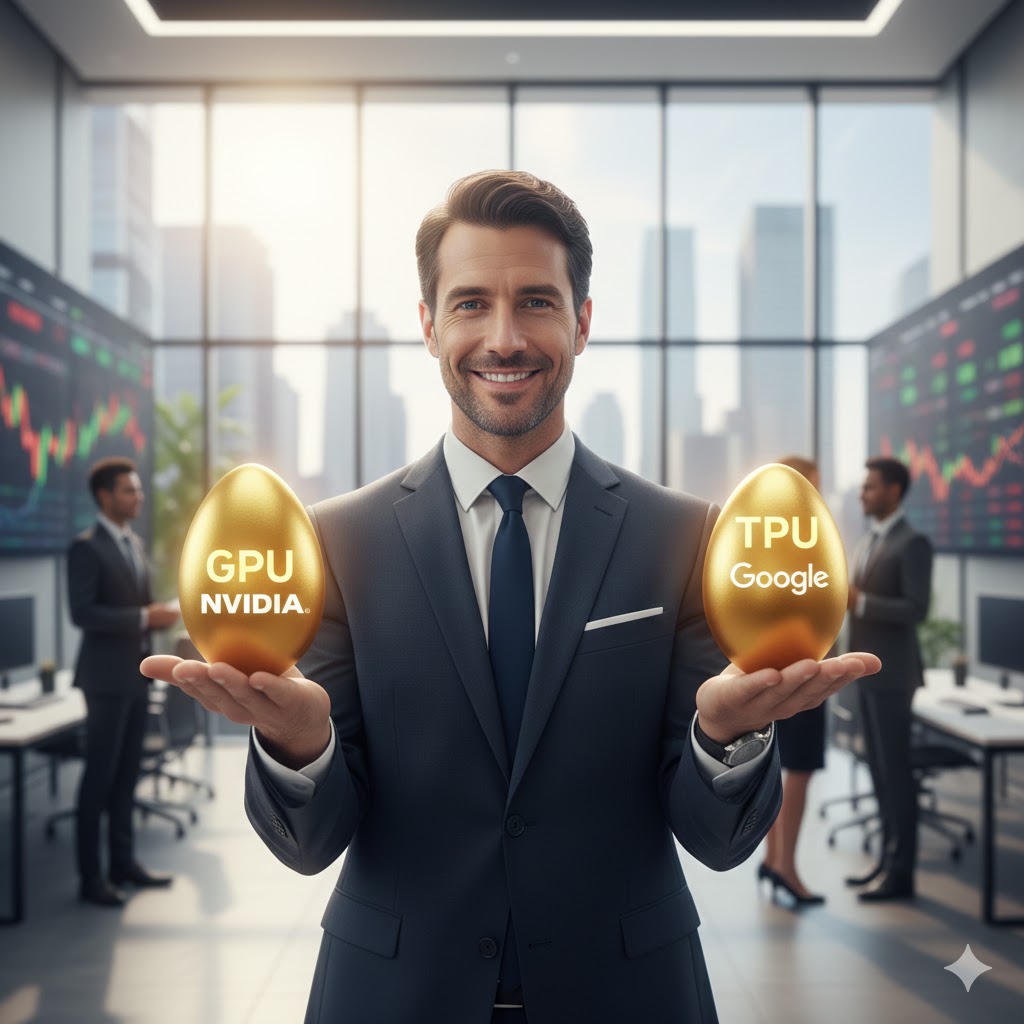 투자자가 양손에 황금알을 들고 있다. 왼손에는 'GPU(Nvidia)'라고 적힌 황금알, 오른손에는 'TPU(Google)'라고 적힌 황금알을 들고 균형을 잡으며 환하게 웃고 있는 모습