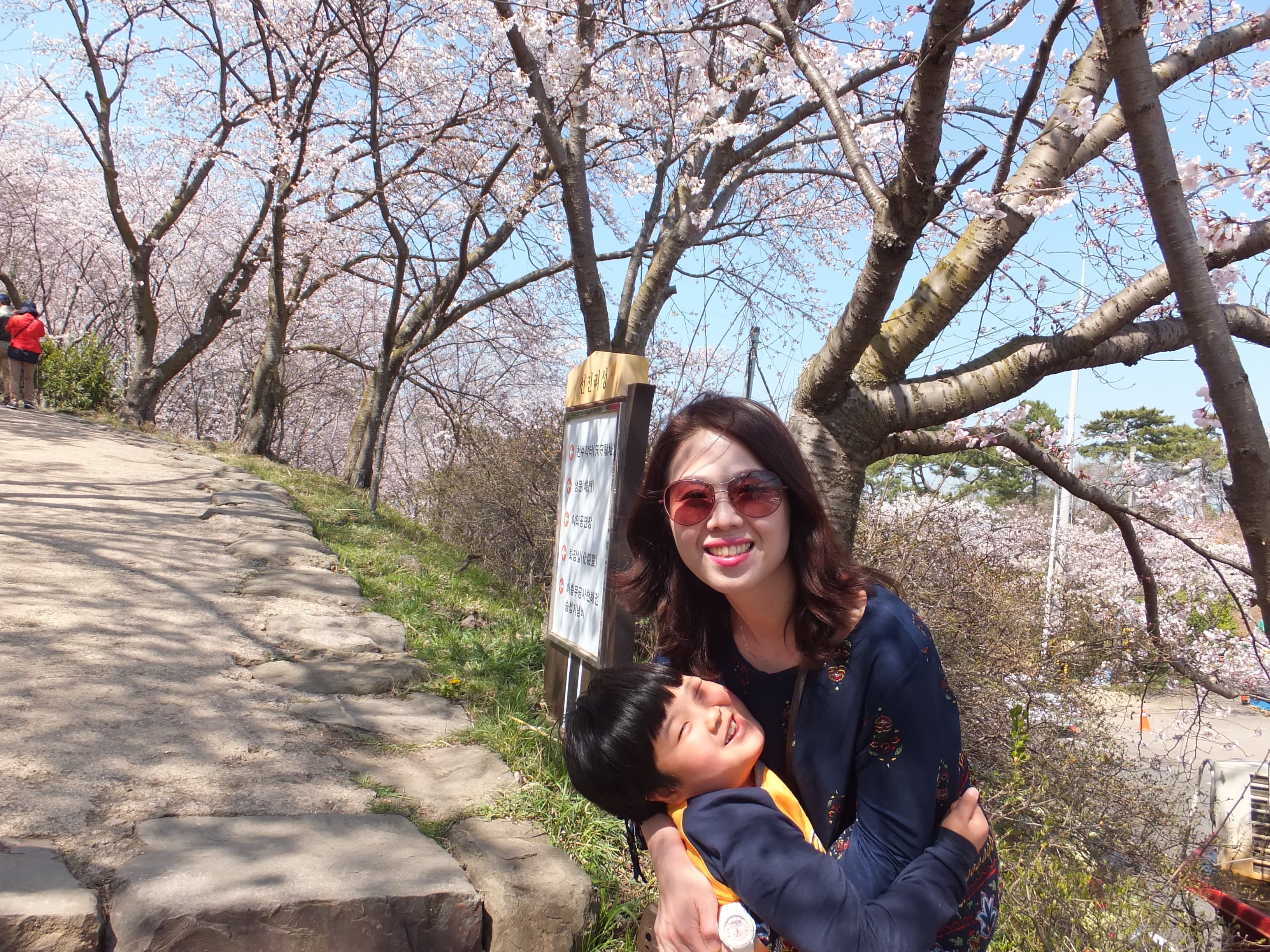 선진리성 벚꽃 앞에서 엄마와 똘망이