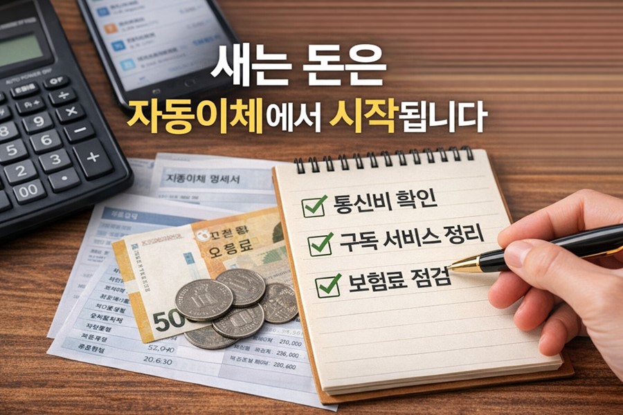 자동이체 내역을 확인해 통신비, 구독 서비스, 보험료를 점검하면 생활비 절약과 고정비 줄이기에 도움이 된다는 내용을 보여주는 체크리스트 이미지