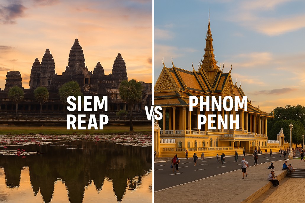 앙코르 와트 사원이 있는 씨엠립과 황금빛 왕궁이 있는 프놈펜을 비교한 캄보디아 여행지 이미지