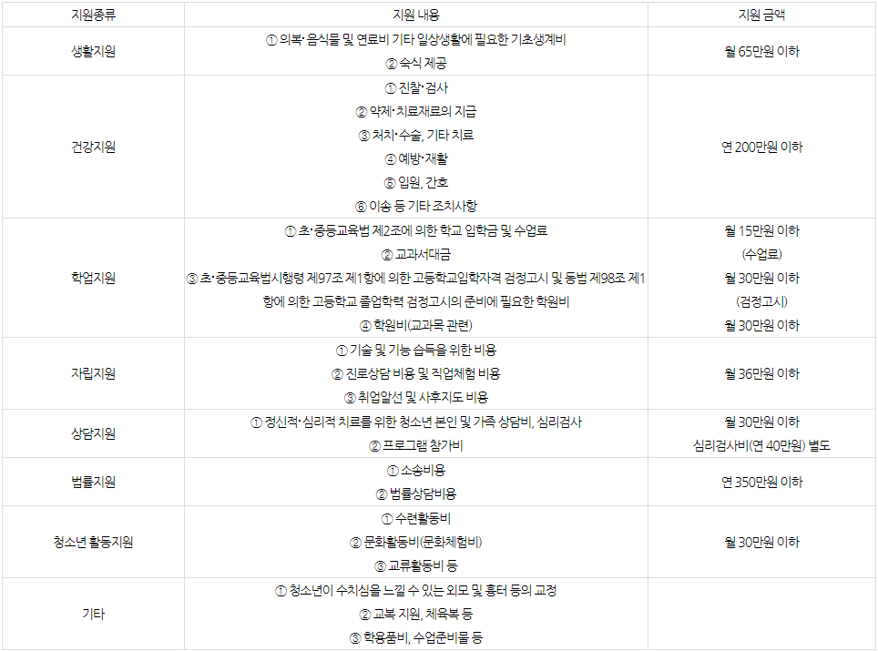 위기청소년 특별지원 종류별 지원내용