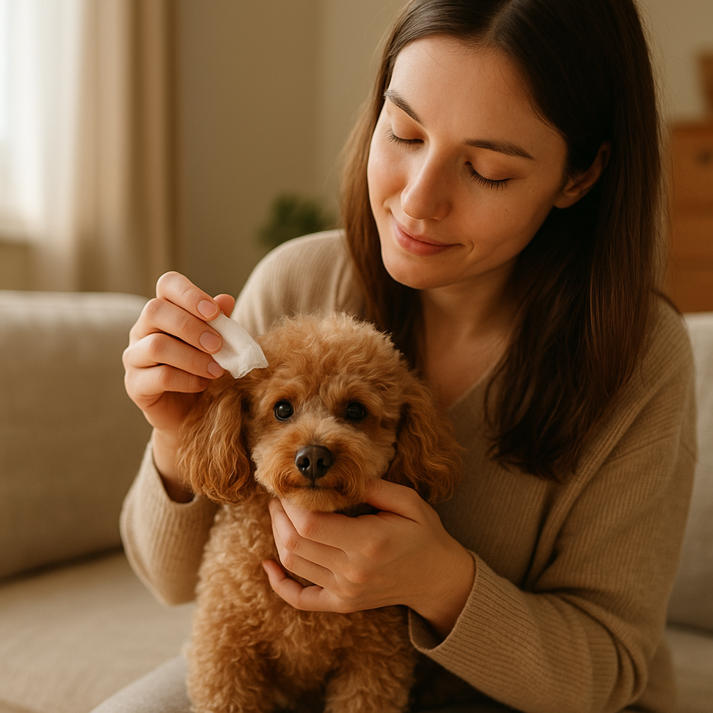 여성견주가 강아지 귀청소 해주는 모습