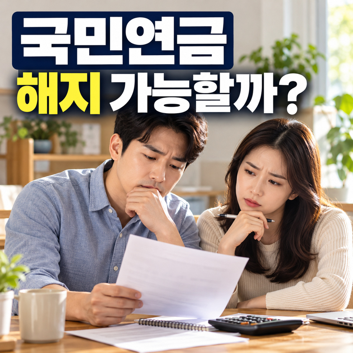 집에서 연금 관련 서류를 함께 살펴보는 두 사람과 국민연금 해지 가능 여부를 묻는 큰 한글 문구가 담긴 대표 이미지