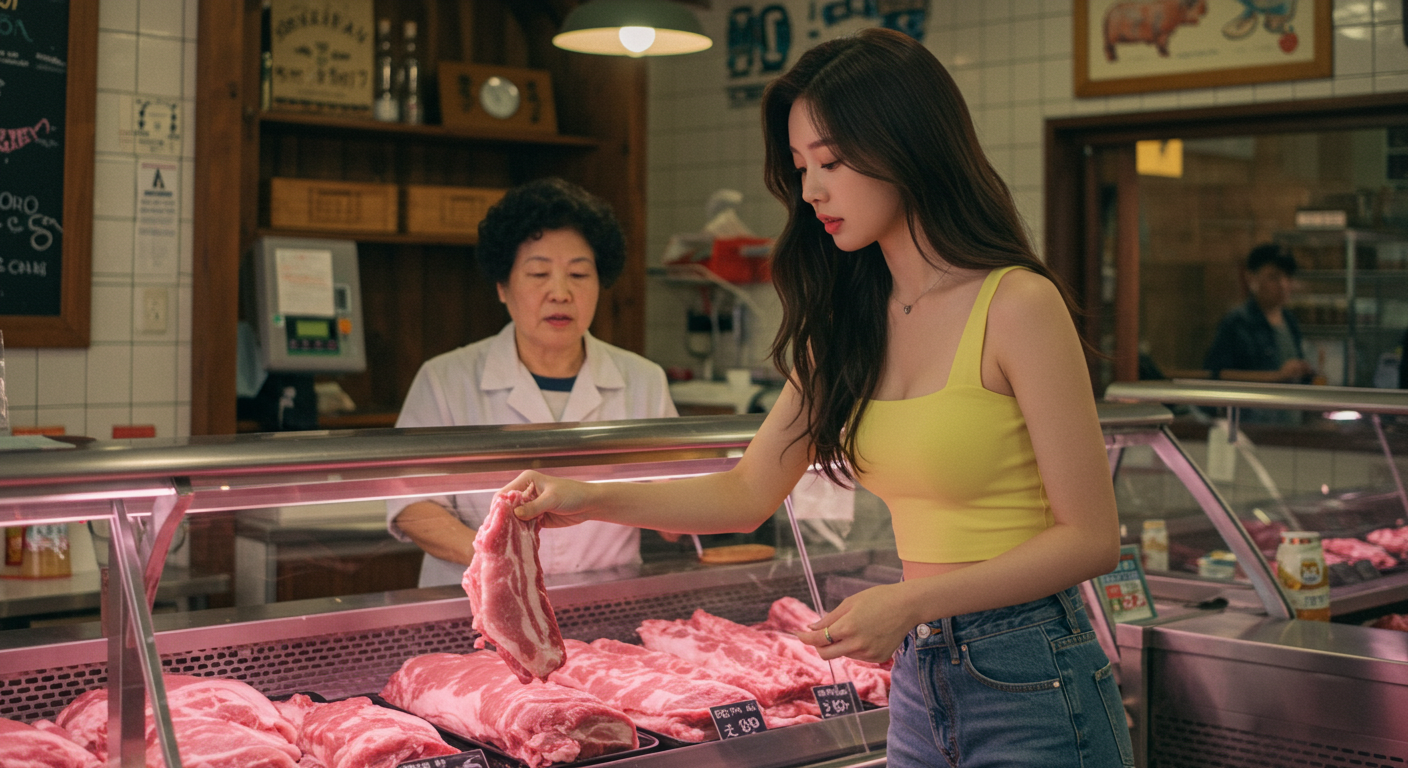 돼지고기를 쇼핑하는 여성