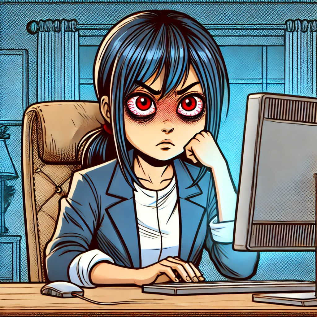 컴퓨터를 오래 사용해 눈이 피로해진 여성