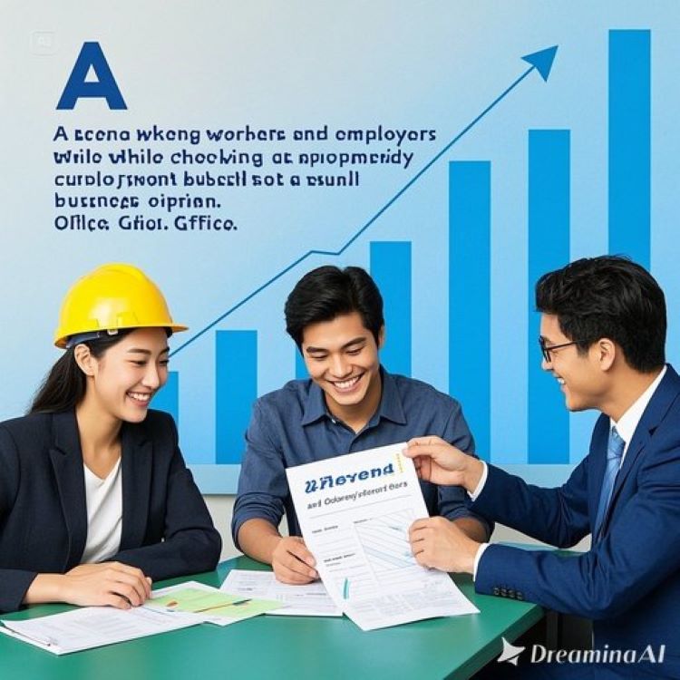 "중소기업 사무실에서 청년 근로자와 사업주가 고용지원금 서류를 확인하며 미소 짓는 장면. 배경에 성장 그래프. 파란색과 초록색 톤으로 희망과 안정 강조."