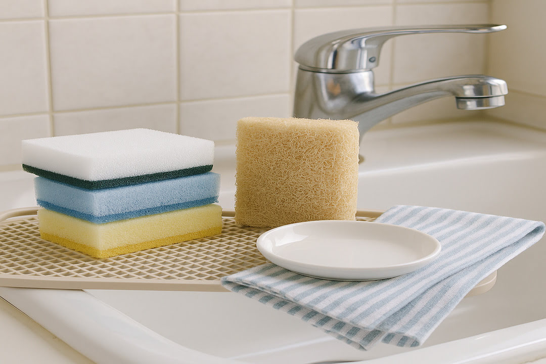 싱크대에수세미들이올려져있는사진