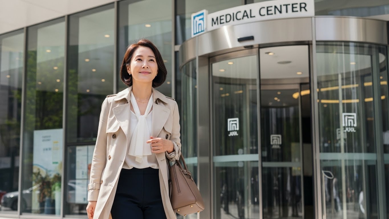 올해의 숙제인 건강검진을 무사히 마치고 홀가분하고 상쾌한 마음으로 귀가하는 여성의 모습