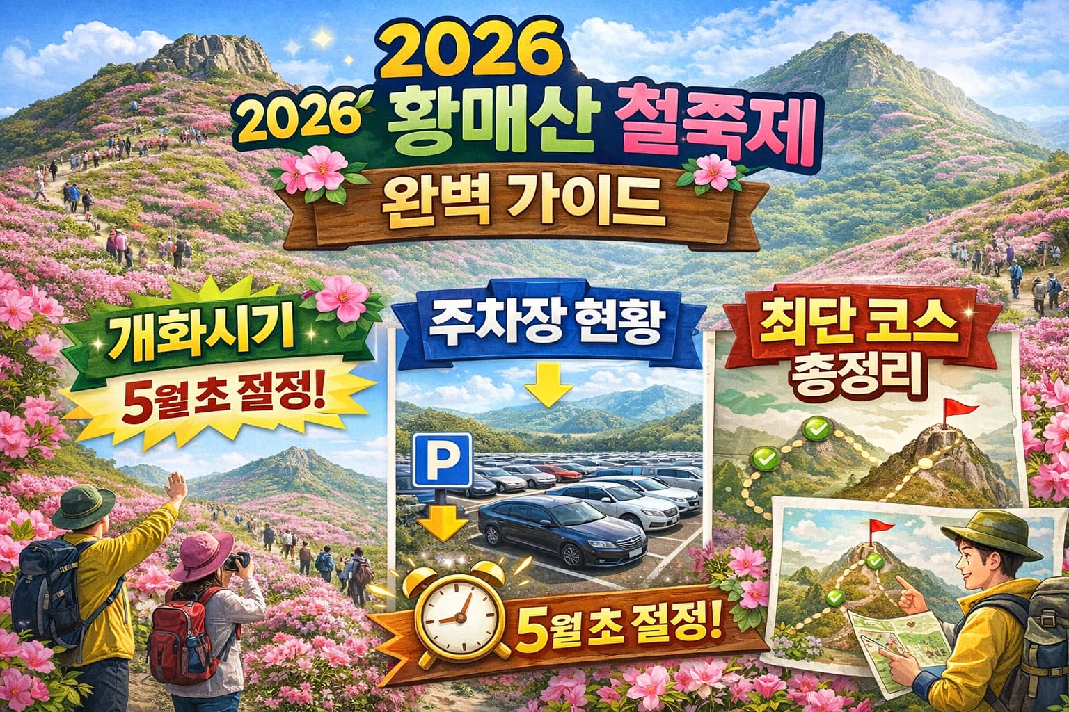 2026 합천 황매산 철쭉제 썸네일로 분홍 철쭉 군락과 등산객, 주차장 및 최단 코스 정보를 강조한 안내 이미지