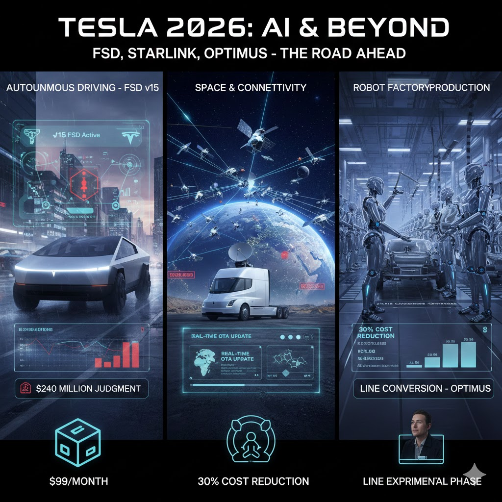 2026년 테슬라의 3대 핵심 사업인 자율주행(FSD v15), 스타링크 위성 네트워크, 그리고 옵티머스 로봇 생산 라인을 시각화한 인포그래픽 이미지. 각 섹션에는 2억 4천만 달러 배상 판결, 실시간 OTA 업데이트, 30% 비용 절감 목표 등의 데이터 수치가 포함됨.