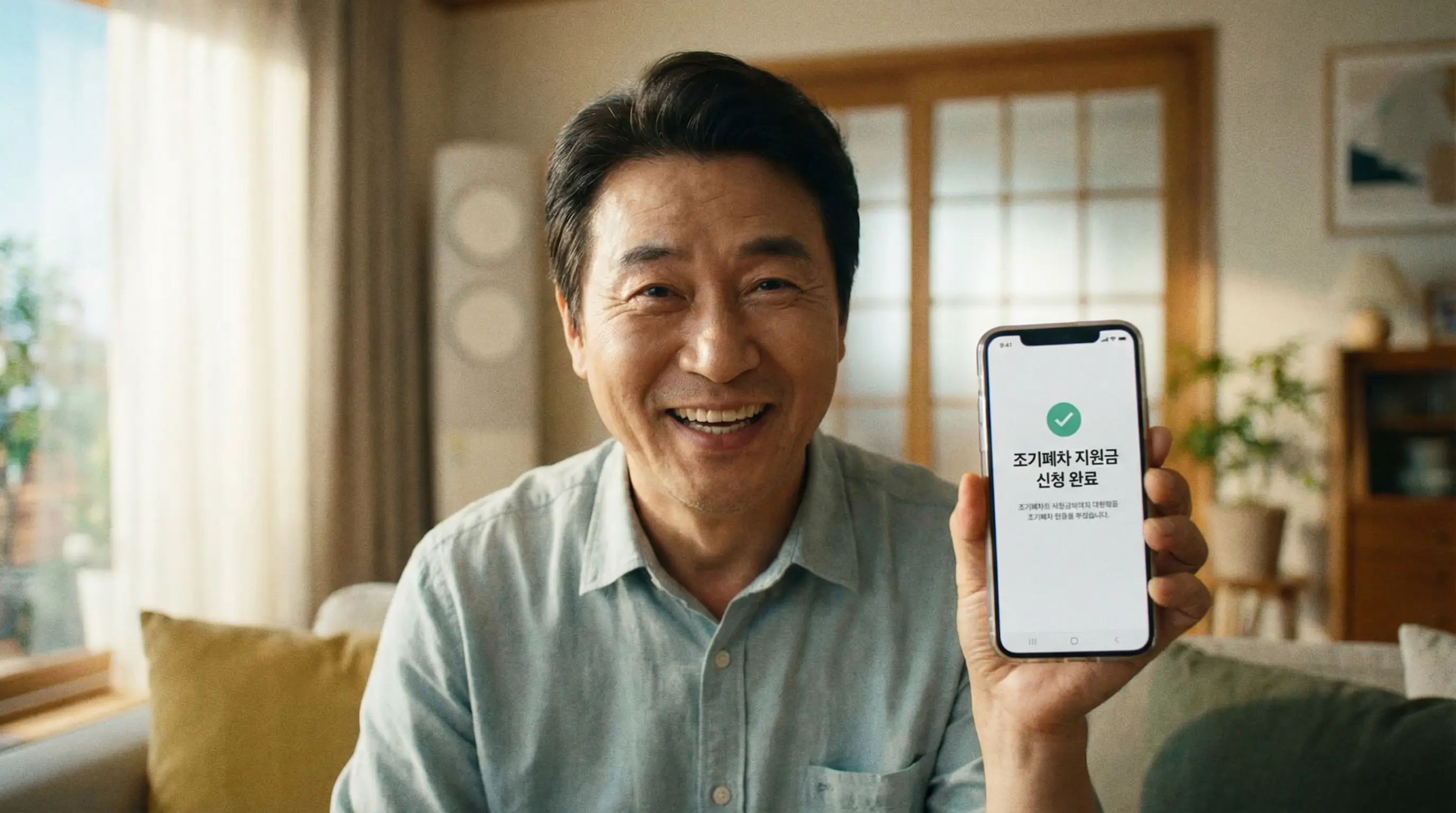 스마트폰으로 조기폐차 지원금 신청 완료 화면을 보며 안도하는 차주의 밝은 표정
