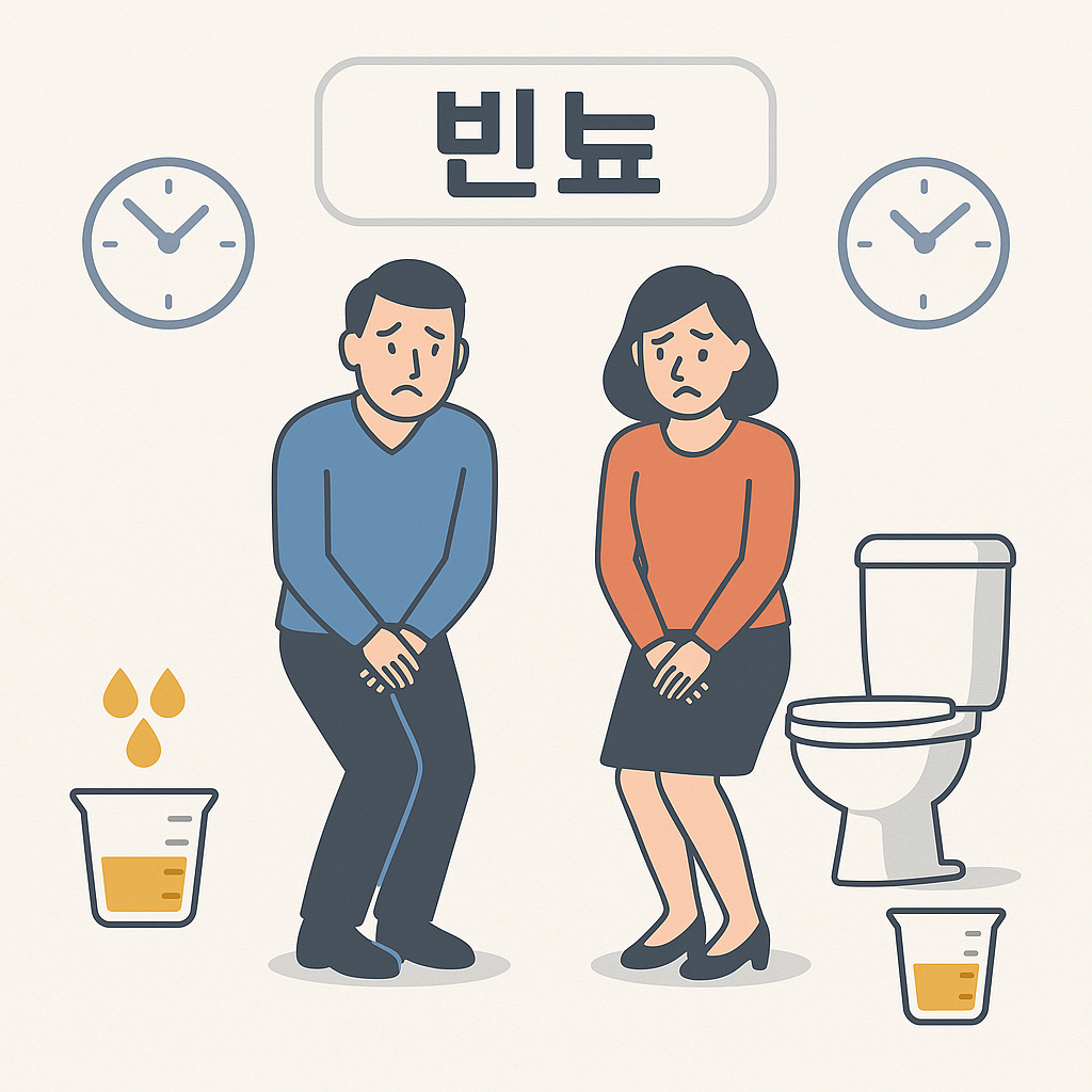 빈뇨 개념을 설명하는 일러스트 - 화장실 옆에 있는 사람, 시계, 소변량 표시 인포그래픽