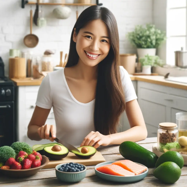 콜레스테롤 관리를 위한 건강식을 준비하는 동양인 여성
