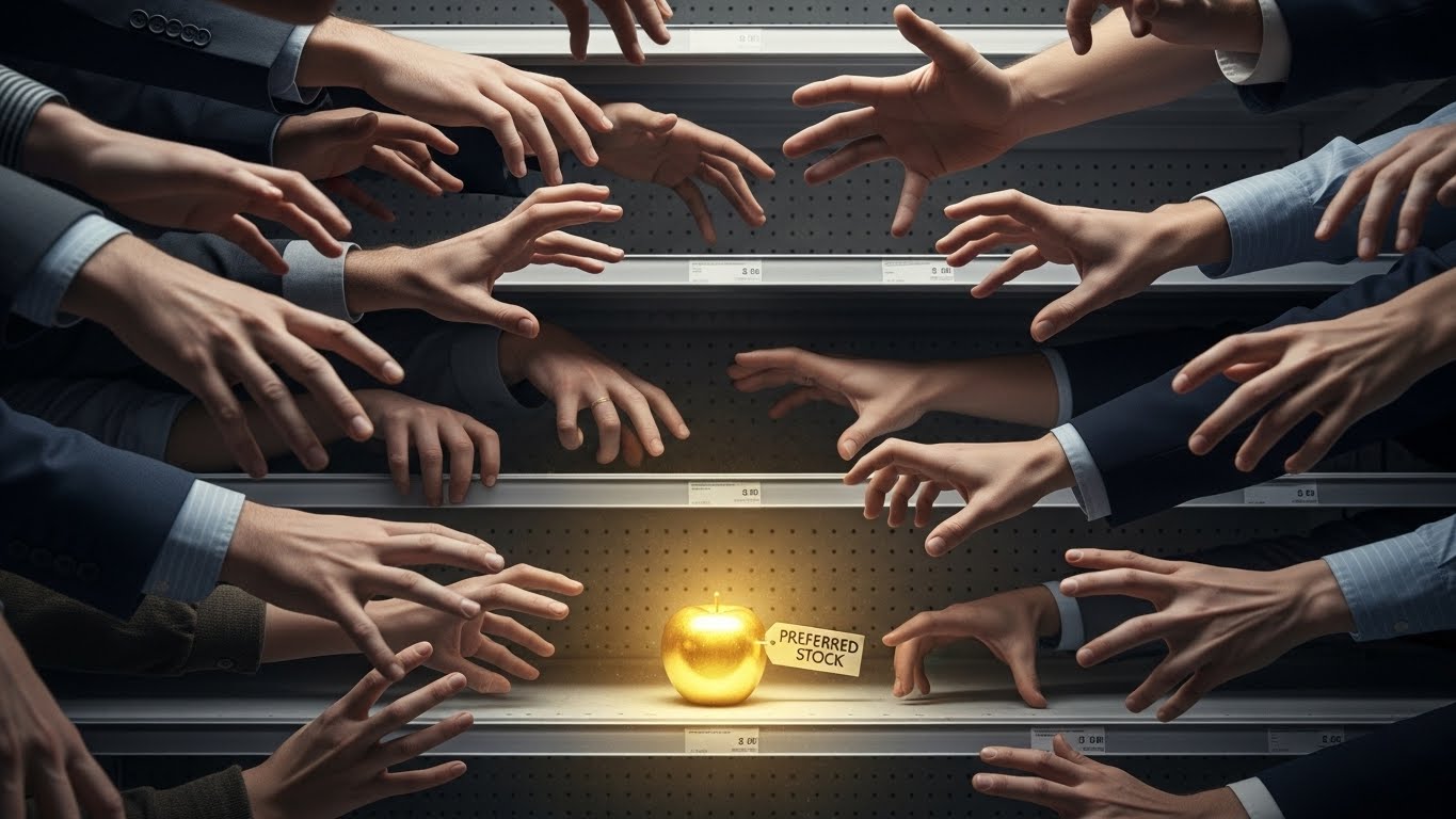 Numerous hands reaching out to grab the last remaining golden apple (preferred stock) on an empty supermarket shelf.