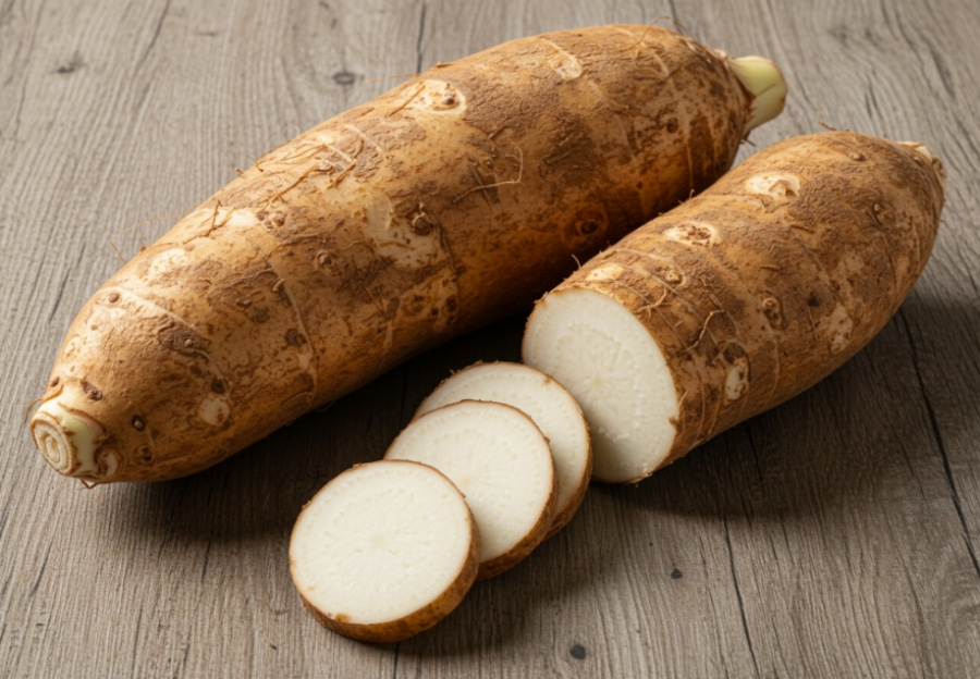 야생에서 채취를 한 마를 깨끗하게 세척한 후에 나무 바닥 위에 1뿌리를 놓아두고 그 옆에는 편으로 썰어 놓은 마 1뿌리를 놓아두고 찍은 사진