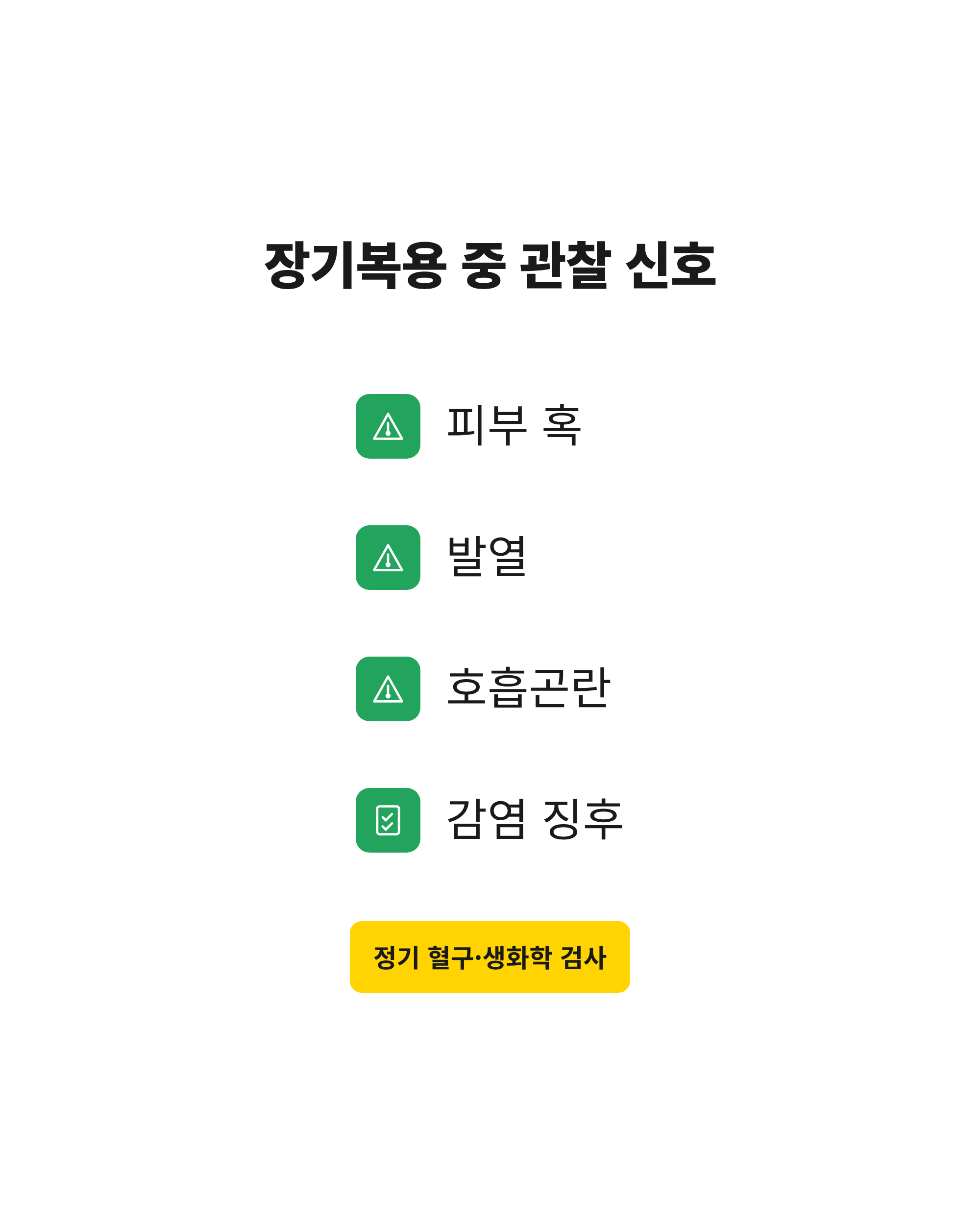 아포퀠 장기복용 중 바로 동물병원에 알려야 할 피부 혹, 발열, 호흡곤란, 감염 징후와 정기 혈액검사를 정리한 그림
