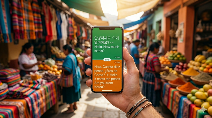 해외 현지 오지나 기내 오프라인 환경에서도 데이터 요금 걱정 없이 양방향 소통을 지원하는 스마트폰 AI의 실시간 대면 통역 구동 화면