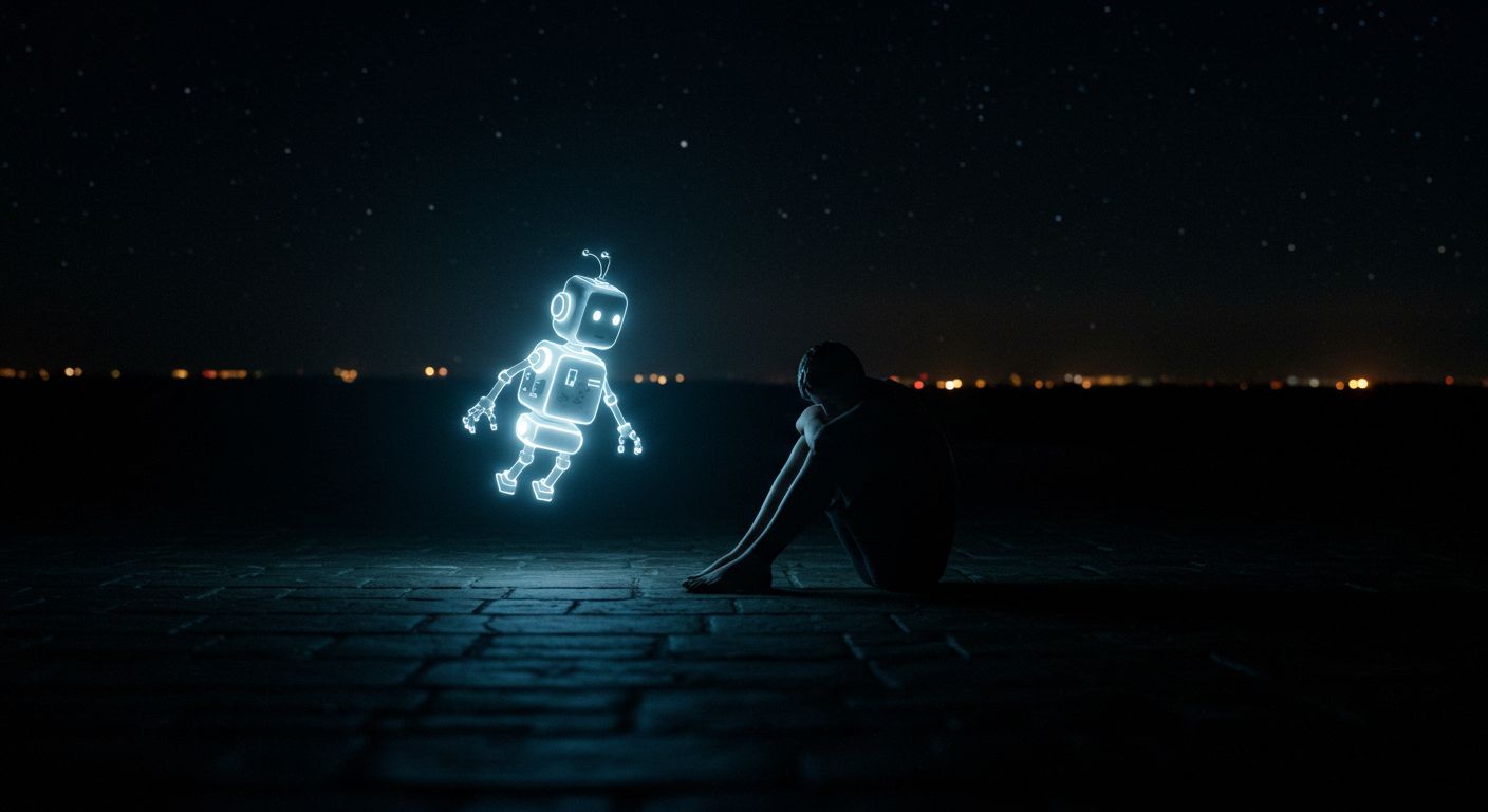 An abstract night scene where a glowing robot floats beside a curled-up person, illuminating the darkness gently