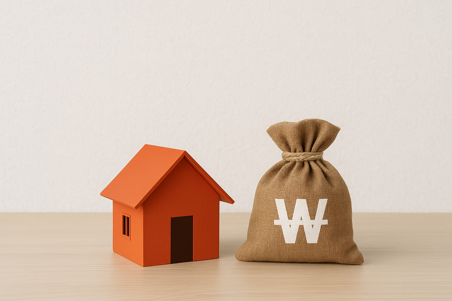 작은 주택 모형과 원화 자루가 함께 놓인 실사 이미지