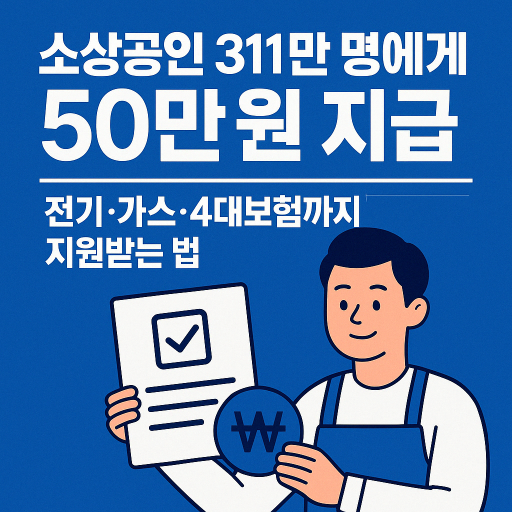 소상공인 311만 명에게 50만 원을 지급한다는 정부 지원정책을 안내하는 홍보 이미지. 파란 배경 위에 굵은 흰색 글씨로 '소상공인 311만 명에게 50만 원 지급'이라는 문구가 적혀 있고, 아래에는 '전기·가스·4대보험까지 지원받는 법'이라는 설명이 포함되어 있다. 오른쪽에는 앞치마를 입은 소상공인 남성 캐릭터가 체크표시가 있는 문서와 원화 아이콘을 들고 미소 짓고 있는 일러스트가 배치되어 있다.