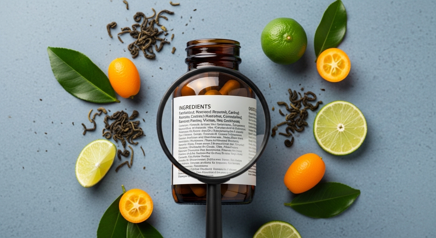 A close-up photo of a magnifying glass focusing on the ingredient list of a brown glass antioxidant supplement bottle, surrounded by green tea leaves and citrus fruits.