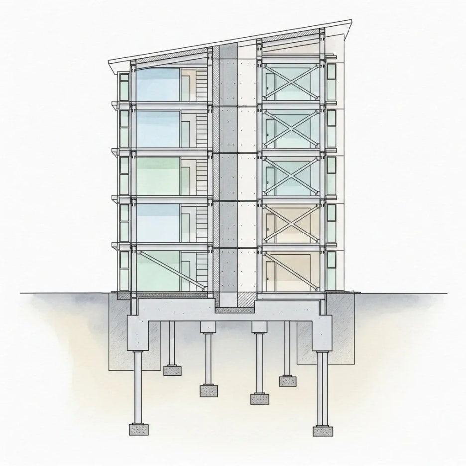 지진에 강한 내진설계 건물의 단면도