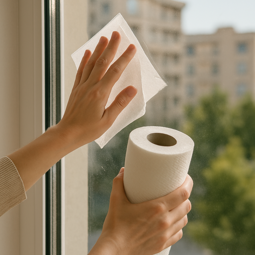 종이타월로 유리창 닦는 이미지