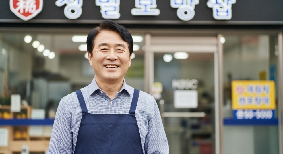 앞치마를 입은 한국인 자영업자, 점포 앞에서 미소