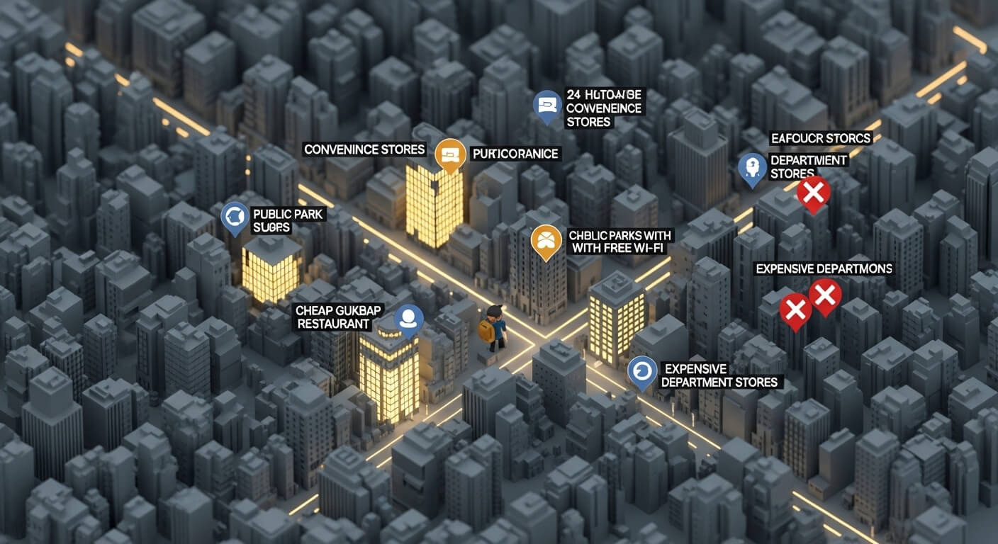 지도위에 싼 가게들이 표시가 되어있는 3D 이미지