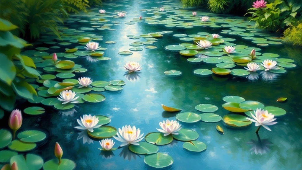 인상주의 화가 클로드모네의 '수련'시리즈 스타일로 표현된 AI생성 이미지. 물위에 핀 연꽃과 빛의 반사가 드뷔시의 클래식 곡,'물위의 반영'이 가진 몽환적이고 감각적인 선율의 느낌을 시각화 함.