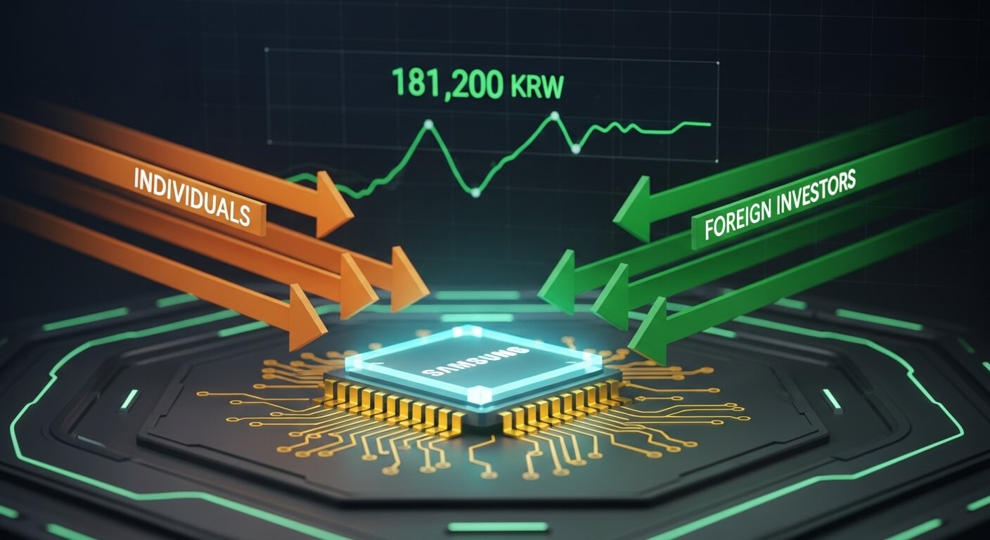 삼성전자 반도체칩이 중간에있고 왼쪽에 개인-오른쪽에 외인투자자의 화살표가 그려져있고 뒤편에 181,200원이라 써져있다