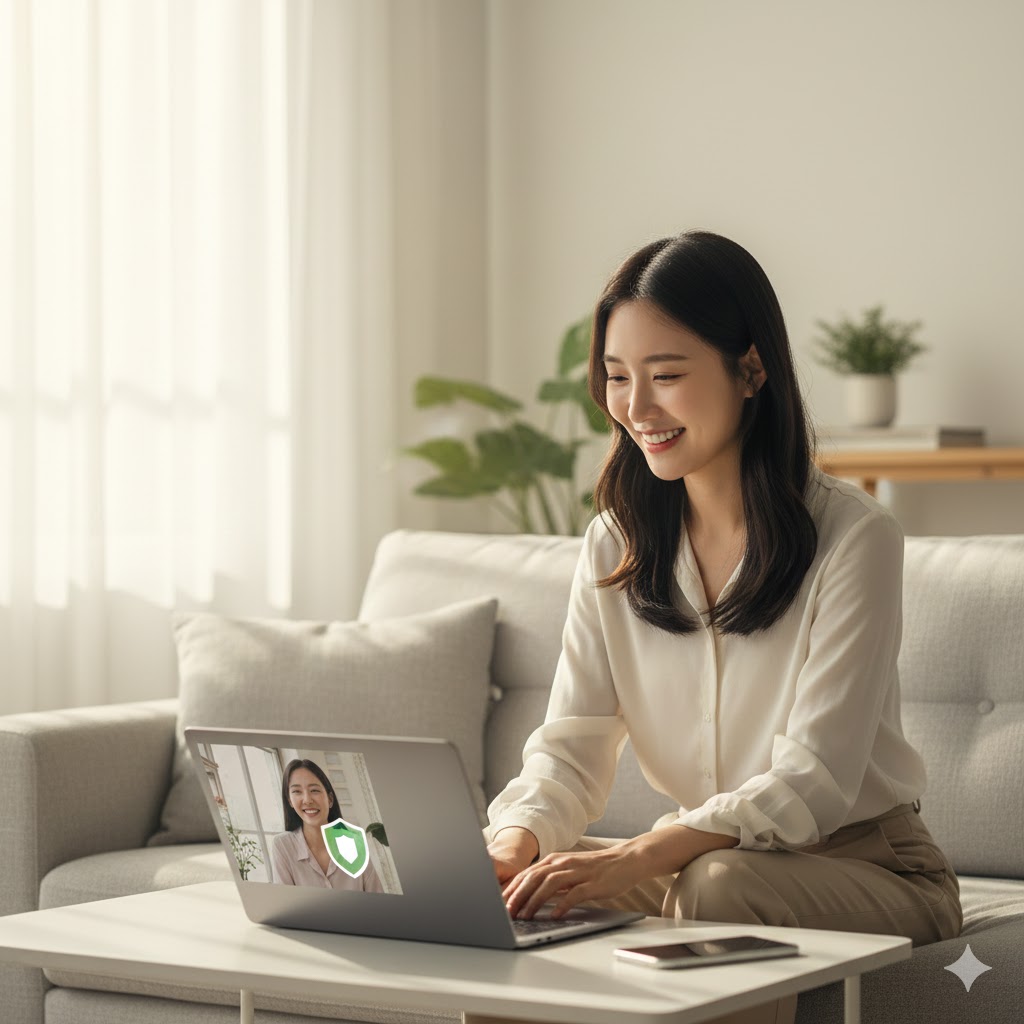 보안 설정 후 안심하고 노트북과 스마트폰을 사용하는 편안한 모습의 여성