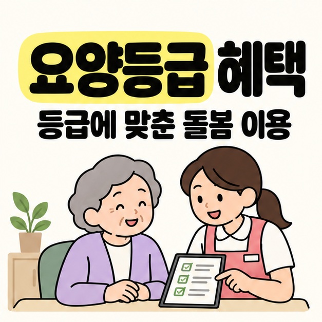 요양등급 혜택 제목과 등급에 맞춘 돌봄 이용 문구 아래 어르신과 돌봄 종사자가 안내판을 함께 보는 모습을 그린 이미지